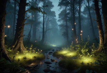 Obraz premium Glowworms and fireflies illuminate a mystical forest clearing, bioluminescent insects, fireflies, mystical atmosphere