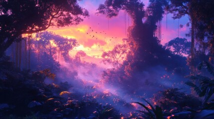 Fototapeta premium a sunset in the jungle with a lot of trees