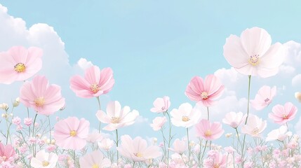 Pastel Blooms on Rolling Hills, a serene landscape of soft-colored flowers under a gentle cloud cover, ideal for summer decor and stationery designs.