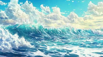 Fototapeta premium Vibrant ocean waves under a bright blue sky.