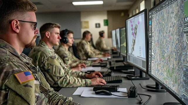 In a high-tech command post, military personnel work on obtaining intelligence, incorporating real-time surveillance, and upholding security procedures.