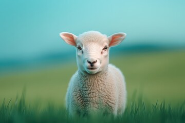 Fototapeta premium A baby sheep is standing in a field of grass