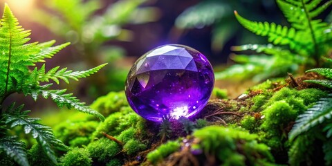 Glistening violet-hued gemstone nestled among dripping moss and ferns, gemology, moss, rock