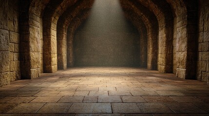 Stone corridor, light beam, ancient architecture, mystery, background for fantasy