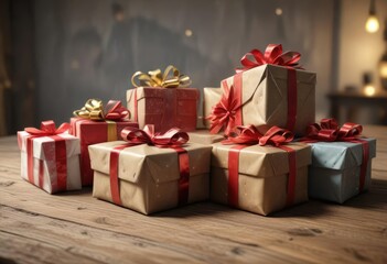 Obraz premium Gift wrapped presents piled high on a wooden table , present arrangement, christmas decorations