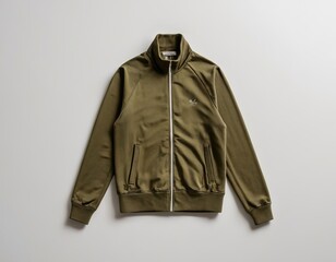 Stylish olive green jacket with a modern cut and smooth fabric design.