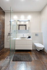 Modern bathroom interior with a glass shower enclosure, white vanity, and dark brown floor tiles. Clean and elegant design. Home Interior