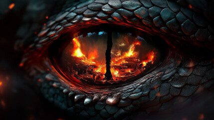 Dragon eye in close-up. Dark background. Fantasy monster looking. Realistic dinosaur eye. Macro shot of a predatory magical animal. wallpaper