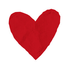 Red paper heart with crumpled texture and torn jagged edges, cut out from notebook sheet sticker, valentine collage, love illustration