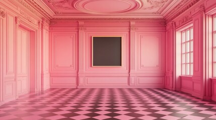 Fototapeta premium a room with a checkered floor and a painting on the wall