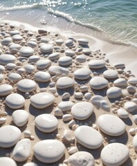 Obraz premium Gentle waves washing over a bed of white pebbles on a sunny day, natural, shoreline, outdoors, surface