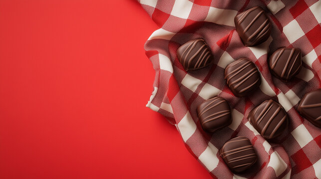 Chocolate bonbons placed on a checkerboard fabric, The deep red background.