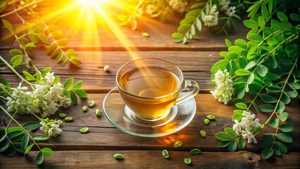 Aerial View: Moringa Herbal Tea, Fresh Leaves & Flowers on Table