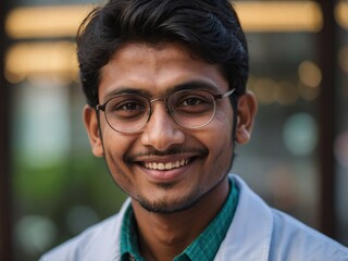 Fototapeta premium Cheerful Young Adult Man in Glasses Portrait Outdoors with Warm Colors and Bokeh Effects