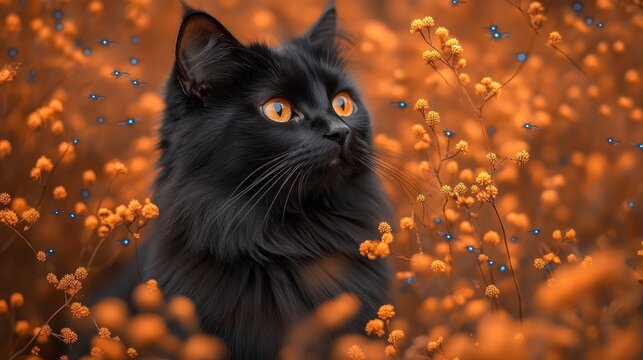 Black cat autumn flowers nature bokeh background