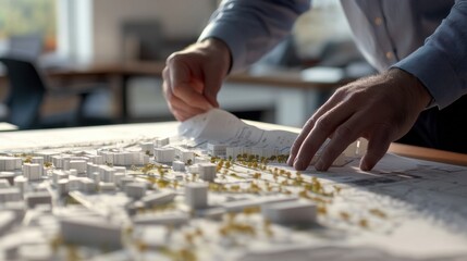 Fototapeta premium A close-up of an urban planner reviewing architectural models and city blueprints in an urban planning office, with cityscape models and zoning maps visible, Urban planning office scene