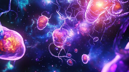 An abstract illustration of the human endocrine system with luminous glands and hormones set against a cosmic-themed background, Neon style, photo of