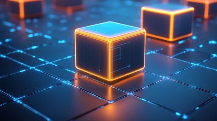 Futuristic Glowing Cubes on Circuit Board, Abstract Technology Background, 3D Illustration
