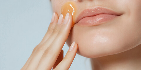 Woman Applying Amber Gel Patch to Lower Lip
