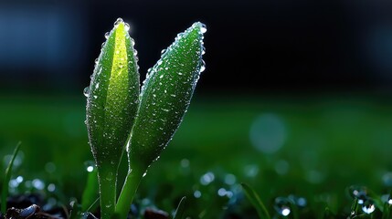 Dew-kissed spring sprouts emerge, vibrant green grass background, new life, nature photography