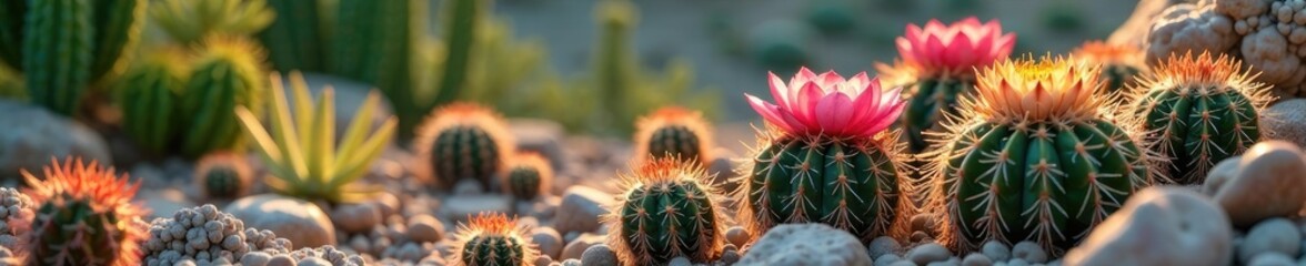 Desert garden with flowering cactus and succulents, flower, succulent, desert