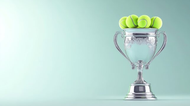 Tennis Trophy with Balls - Silver trophy filled with tennis balls against a light green background.  Perfect for sports, victory, and competition themes.