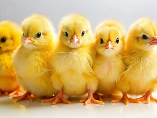 Fototapeta premium Aerial View of a Group of Chicks Isolated on White Background - Adorable Baby Birds