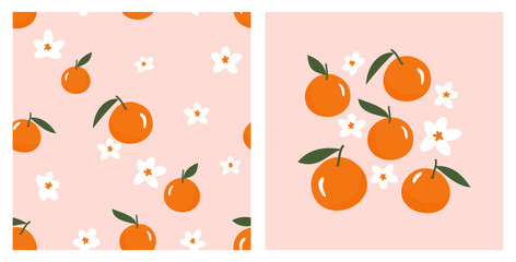 Seamless pattern with orange citrus fruit and cute flower on pink background vector. Retro orange wall art decoration.