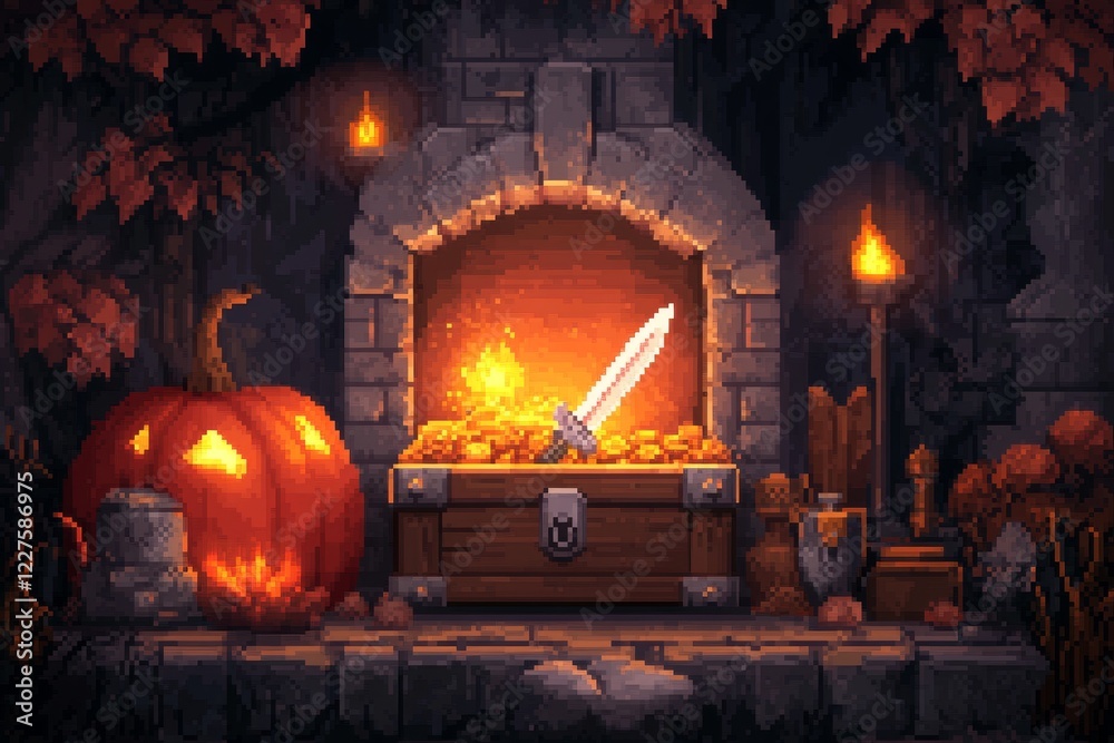 Poster a pixel art animation of a chest opening, with bright, pixelated coins and a glowing sword popping o