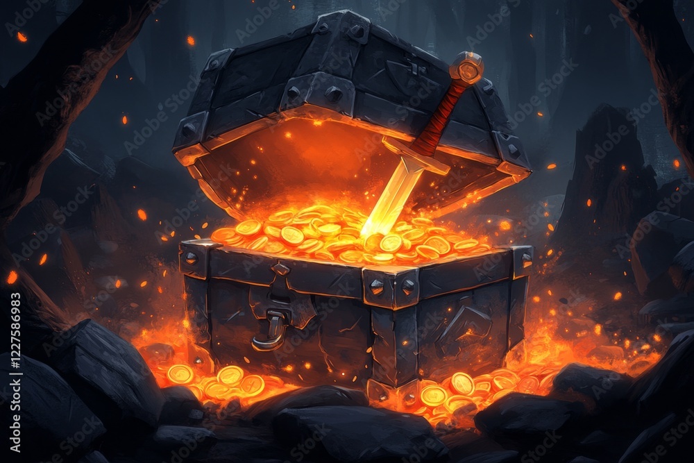 Poster a pixel art animation of a chest opening, with bright, pixelated coins and a glowing sword popping o