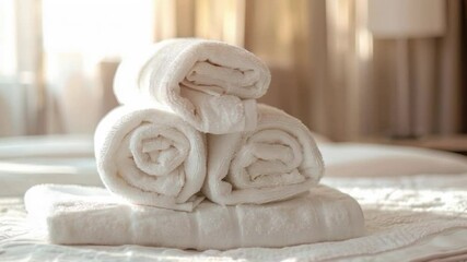 Video with neatly folded towels creates a feeling of cosiness and cleanliness. Useful for advertising hotels, spas and home textiles.
