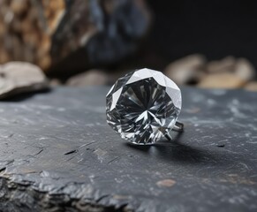 Solitaire faceted diamond on rough slate surface , rough texture, natural material, rugged
