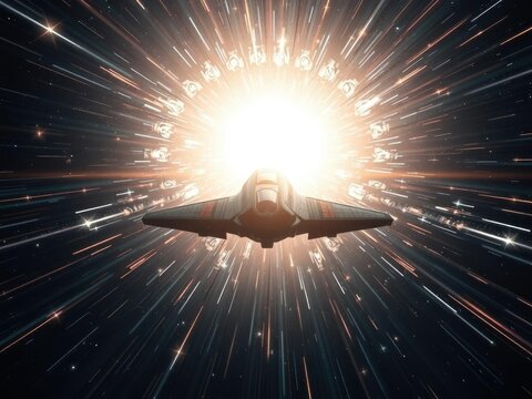 Spacecraft bursting through a shimmering gateway of starlight, stellar explosion, shimmering stardust, glowing stellar portal