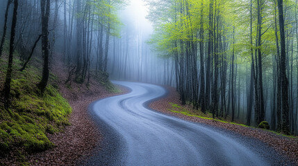 Obraz premium Serene Spring Road Through a Forest with Fresh Green Leaves