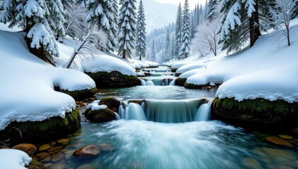 A mountain river flows gently over moss-covered stones and trees covered in snow, water, flowing, icy