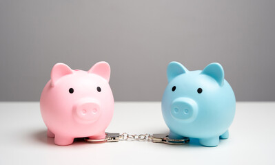 Two piggy banks are handcuffed and chained to each other. The concept of partner budgets and...