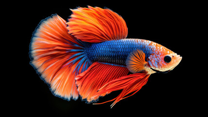 Fototapeta premium Bi color betta fish with vivid orange and navy blue fins swimming gracefully