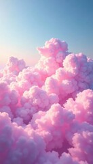 Soft pink cotton candy clouds drifting across the sky, dreamy atmosphere, pastel colors, cotton candy clouds