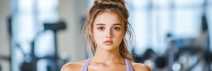 Young Woman Gym Workout Fitness Portrait - Healthy lifestyle, fitness motivation, gym training, athletic woman, well-being.