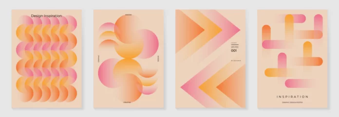 Collection of 70s color gradient poster background vector. Set of retro wall decoration, groovy, trippy, geometric shape. Vintage hippie wall art for interior, decorative, banner, cover, card.