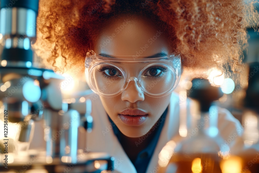 Poster a scientist observing cells under a microscope, surrounded by laboratory equipment with soft fluores