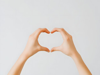 Fototapeta premium Hands forming a heart shape, backlit for a soft silhouette effect against a white background