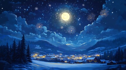 Night winter village scene with full moon, fireworks, and snowy mountains.