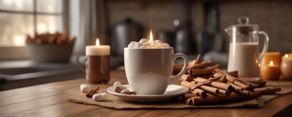 Softly lit kitchen table with a mug of hot chocolate, marshmallows, and cinnamon sticks on a warm and inviting surface, cinnamon, soft lighting, intimate