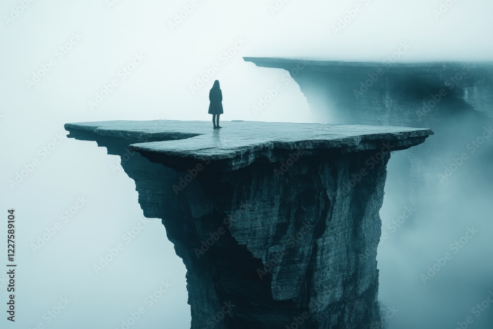 Poster a silhouette of a person standing on a cliff, observing a vast landscape below, drawn with clean lin