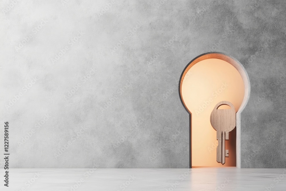 Fototapete a simple abstract design of a keyhole with faint glowing light inside, drawn with clean lines and so