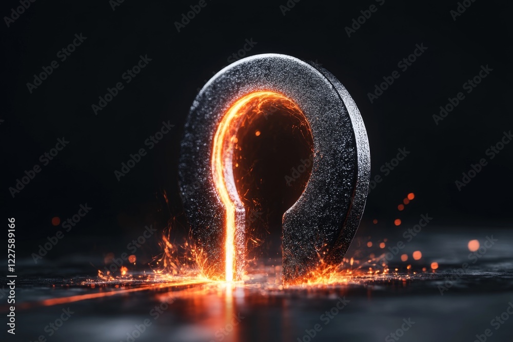 Poster a simple abstract design of a keyhole with faint glowing light inside, drawn with clean lines and so
