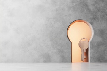 A simple abstract design of a keyhole with faint glowing light inside, drawn with clean lines and soft gradients