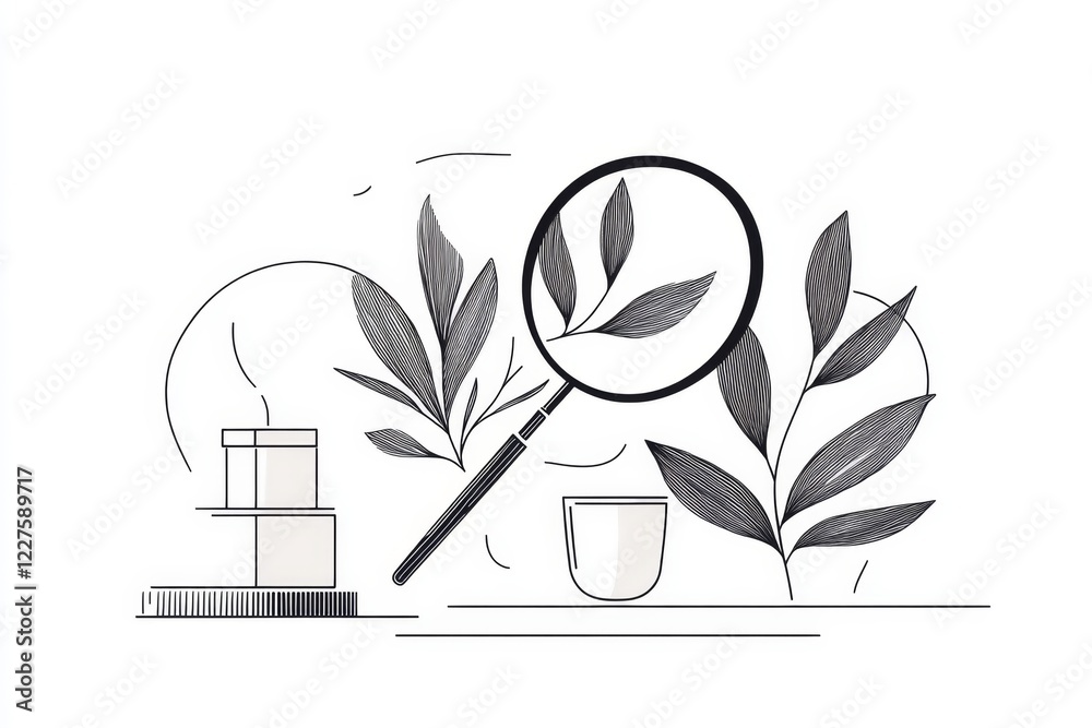 Poster A simple line drawing of a magnifying glass hovering over a small leaf, emphasizing focused observation