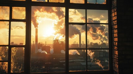 Window view of the factory emits toxic smoke that shines in the sun. 